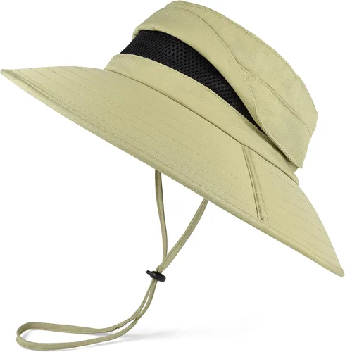 Vista 14 de Sombrero Boonie de ala ancha impermeable UPF 50+ para hombre, protección contra el sol y la lluvia Beige