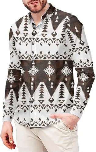 Vista 6 de Camisas aztecas con botones para hombre, vintage, nativo americano, patrón tribal nación, manga larga, camisa de talla grande para hombre