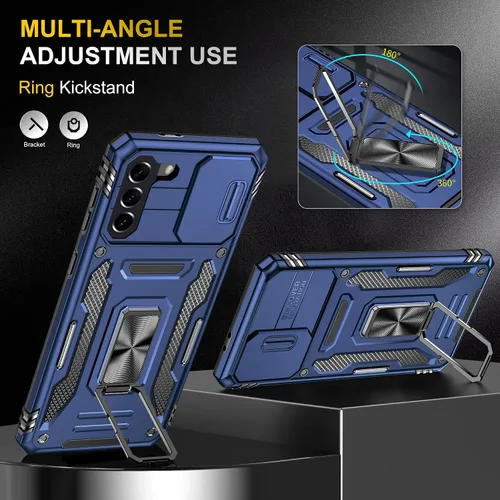 Vista 3 de Funda para Samsung Galaxy S21 FE 5G con cubierta para lente de cámara, protector de pantalla HD, soporte de anillo magnético probado contra caídas