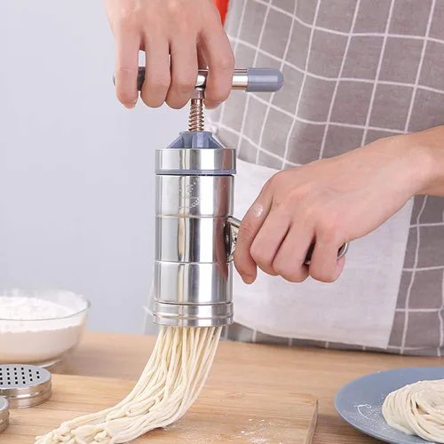 Vista 9 de Prensa manual de fideos de acero inoxidable, manivela de mano, máquina de prensa de masa de fettuccine para fideos, máquina de pasta con 5 moldes