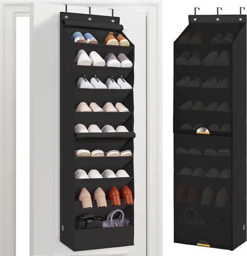 Vista 10 de STORAGE MANIAC Organizador de zapatos para colgar sobre la puerta con cortina, resistente al polvo, organizador de zapatos grande y profundo