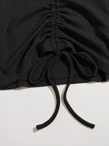 Vista 5 de SweatyRocks Camiseta corta de manga larga con cuello en V y cordón para mujer