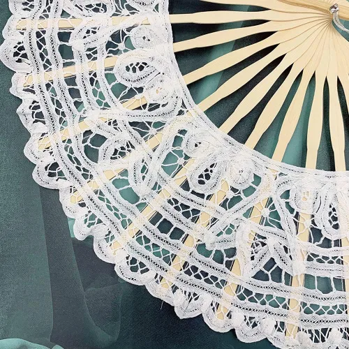Vista 2 de Propupy Abanico de mano plegable para mujer, elegante abanico de algodón, hecho a mano, vintage, retro, con varillas de bambú y borlas de seda