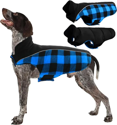 Vista 25 de Kuoser - Abrigo reversible para perros para climas fríos, abrigo de invierno impermeable reflejante para mascotas, abrigo para perros a cuadros