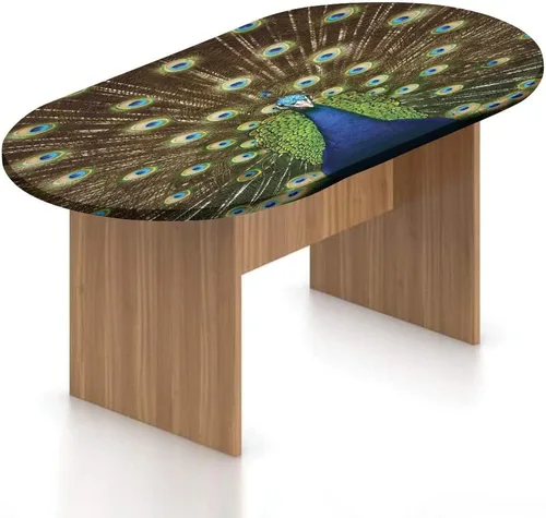Vista 8 de XISUNYA Mantel ovalado ajustable de poliéster elástico de pavo real, con estampado de fotos y plumas coloridas, se adapta a mesas ovaladas de hasta