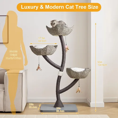 Vista 2 de Torre de árbol gris moderno de 52 pulgadas de alto para gatos grandes, postes rascadores para gatos con cestas tejidas a mano Condominio de lujo