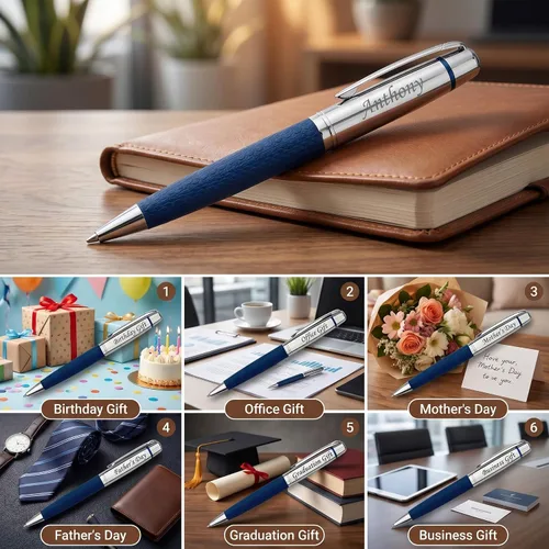 Vista 3 de Ancolo Bolígrafo cromado plateado personalizado, impresionante bolígrafo de lujo con piel sintética, personaliza tu mensaje, nombre. Set de regalo