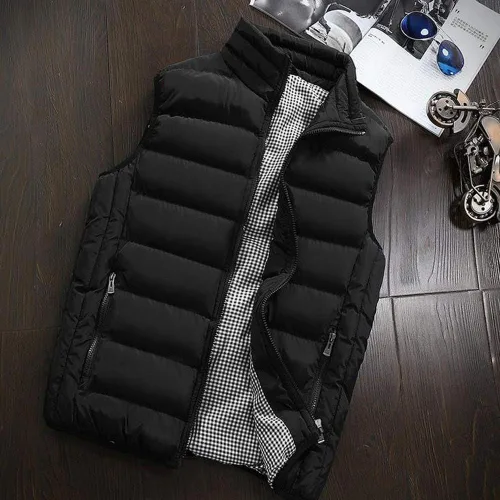 Vista 2 de SSDXY Chaleco cálido de mezcla de algodón acolchado para hombre para otoño e invierno, chaqueta casual, holgada, sin mangas, sólida, delgada