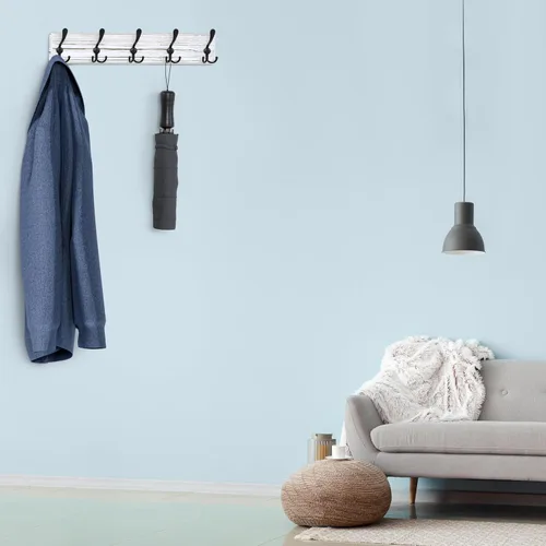 Vista 4 de Perchero rústico de pared – Perchero de pared de madera de pino maciza con 5 ganchos triples – Perchero premontado – 17 pulgadas de largo, 16