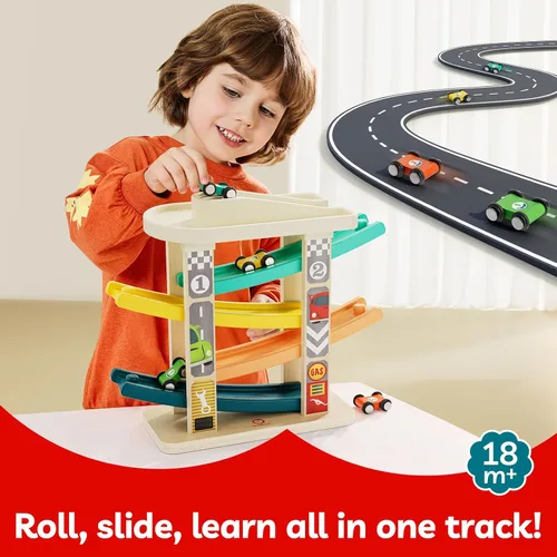 Vista 2 de TOP Bright Juguetes de rampa de madera para niños pequeños de 1 a 2 años de edad, habilidades motoras, pistas de carreras, rampa de automóvil