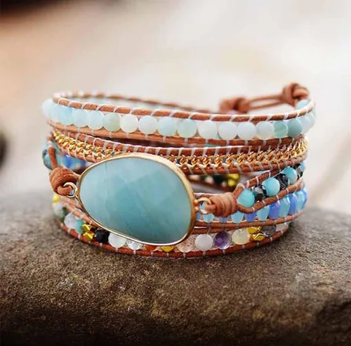 Vista 75 de ZOSOJONA - Pulseras bohemias hechas a mano de piedra natural, que dan vuelta, con cuentas de cristal de turquesa