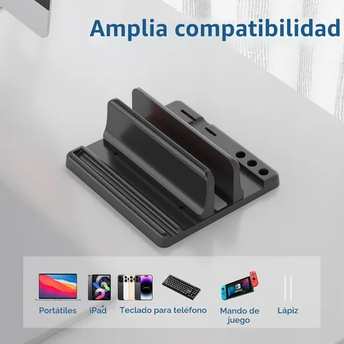 Vista 4 de Soporte vertical para laptop ajustable - Gestionador de escritorio de plástico ABS de ahorro de espacio 3 en 1 compatible con todos los MacBook Pro