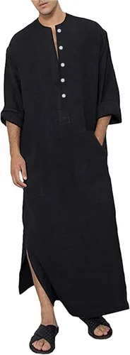 Vista 4 de Jacansi Caftán de manga larga para hombre, 65% algodón, 35% lino, con botones, longitud al tobillo, con abertura lateral y bolsillo Blanco