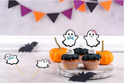 Vista 3 de 24 piezas de adornos de Halloween para cupcakes fantasmas, palillos de revelación de género para niños y niñas, adornos para tartas rosas y azules