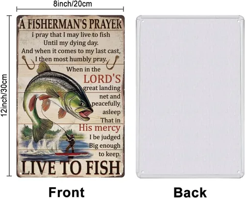 Vista 2 de SUPERDANT Letreros de lata de pesca vintage con texto en inglés «Live to Fish» de metal «A Fisherman's Signs», cartel divertido para pared, arte