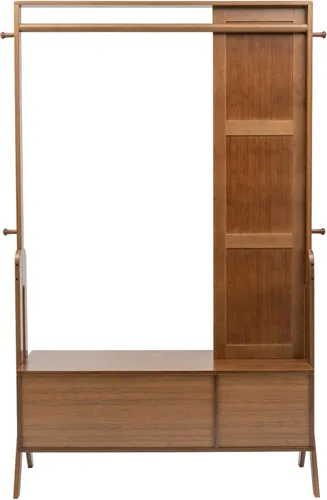 Vista 4 de Perchero de bambú con espejo y cajones, colgador de ropa de madera independiente con ganchos, perchero resistente con estantes, organizador