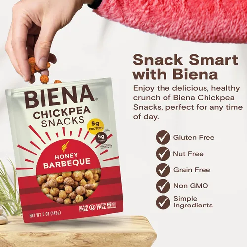 Vista 6 de Biena Bocadillos crujientes de garbanzos tostados, barbacoa, alto en proteínas, alto en fibra, sin gluten, a base de plantas, sin OMG, aperitivos