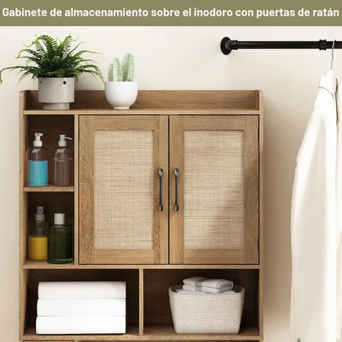 Vista 5 de RUSTOWN - Gabinete de almacenamiento de ratán sobre el inodoro, armario de almacenamiento para baño Roble rústico