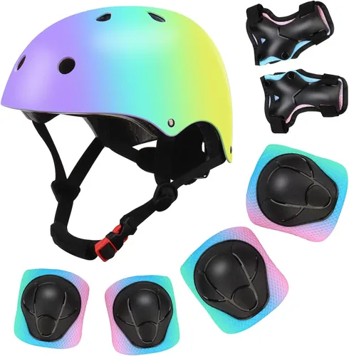 Vista 11 de Casco de bicicleta ajustable con gradiente de color para niños con set de rodilleras y coderas Equipo de seguridad multideporte para niños y niñas
