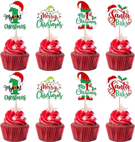 Vista 28 de Paquete de 24 Adornos Navideños Oh Baby para Cupcakes con Sombrero de Navidad con Purpurina, Palillos de Comida para Baby Shower para Niños y Niñas