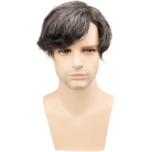 Vista 2 de Voloria Swiss Full Lace Hombres Toupee 1B Color Negro Cabello Humano Real Mezclado 20% Gris Pelo Sintético Reemplazo para Hombres Hairpiece