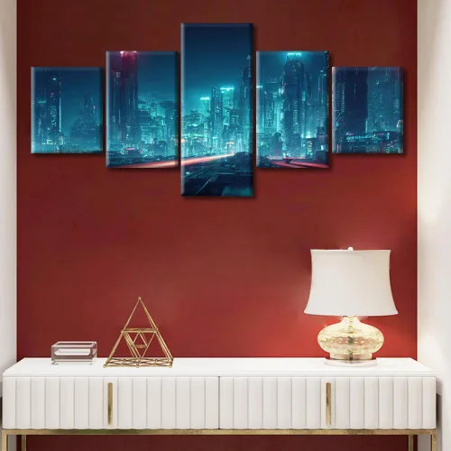 Vista 75 de Cuadros de 5 paneles de Cyberpunk City, arte de pared, representación de vallas publicitarias, edificios modernos en la capital con obras de arte