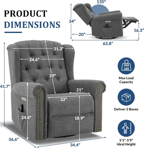 Vista 2 de Power Swivel Rocking Recliner Chair with Massage & Heat, Grey