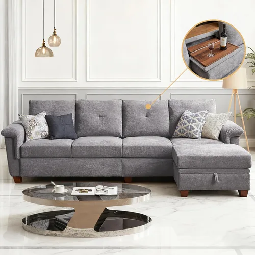 Vista 9 de Sofás seccionales de 4 asientos para sala de estar, dormitorio, oficina, sofá modular convertible en forma de L con otomana y portavasos, gris oscuro
