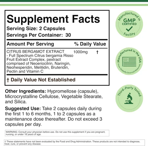 Vista 2 de Suplemento de Bergamota Cítrico, 1000mg, 60 Cápsulas - Apoya niveles saludables de colesterol y triglicéridos - Dosis de 1,000mg