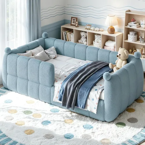 Vista 19 de Cama de suelo tapizada con valla, cama de piso tamaño individual con Beige