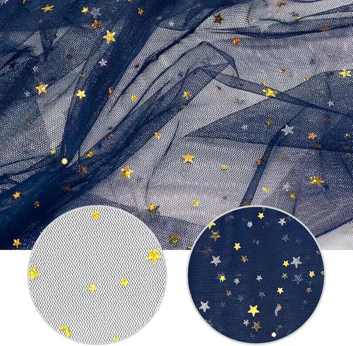 Vista 5 de Rollos de tela de tul azul claro con purpurina de 59 pulgadas x 3 yardas, estrella dorada y lentejuelas de tul para faldas tutú, costura, decoración