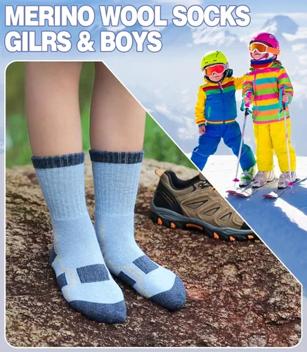 Vista 3 de Calcetines de senderismo de lana merino para niños y niñas, para invierno, cálidos, gruesos, térmicos, calcetines de regalo, 6 pares