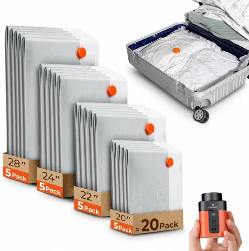 Vista 11 de ETENWOLF Paquete de 10 bolsas de almacenamiento al vacío reutilizables para viajes con bomba de aire recargable, sello de embalaje de compresión al