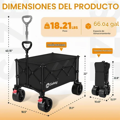 Vista 8 de Sekey - Carro de playa de 250 L, capacidad de 400 libras, plegable, ruedas todo terreno Negro