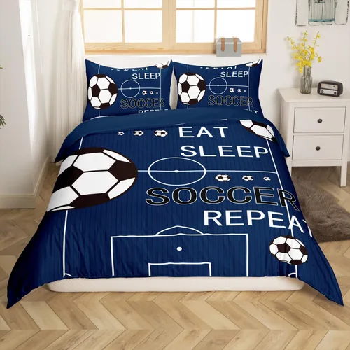 Vista 2 de jejeloiu Juego de ropa de cama de fútbol para niños, tamaño individual, juego de funda de edredón de fútbol para niños y niñas, funda de edredón