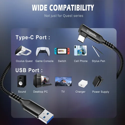 Vista 6 de Cable de enlace de 16 pies compatible con accesorios OculusMeta Quest 32Pico 4 y PCSteam VR, cable de transferencia de datos USB 3.2 a USB C, cable