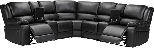 Vista 3 de cjc Sofá modular reclinable de cuero para sala de estar, sofá en forma de L, 2 consolas, 4 portavasos y almacenamiento, juego de sofás tapizados