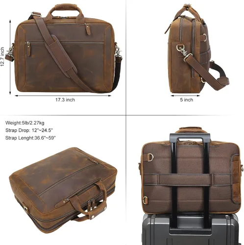 Vista 5 de TIDING Mochila de cuero para laptop de 15.6 pulgadas, maletín convertible de negocios, bolso bandolera de hombro, color marrón