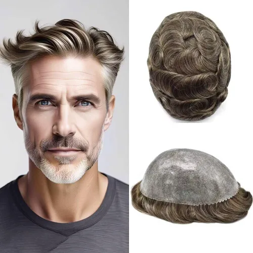 Vista 427 de Toupee para hombre 100% cabello humano real tupé para hombres 0.004 in piel de poliuretano para hombre, sistema de reemplazo de piezas de pelo