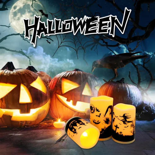 Vista 6 de fclayvts Paquete de 12 Velas de Pilar LED Sin Llama de Halloween - Funcionan con Baterías con Control Remoto y Temporizador, Luz Cálida Parpadeante