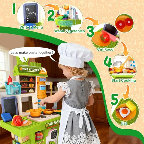 Vista 4 de Juego de cocina para niños Mini juego de cocina para niños con estufa, sonido y luz Juguetes de cocina de simulación para niños de 3, 4, 5 años Verde