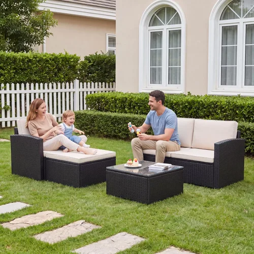 Vista 8 de Greesum Juego de muebles de patio de 3 piezas para exteriores, sofá modular de mimbre con asiento ajustable, cojines suaves y mesa auxiliar