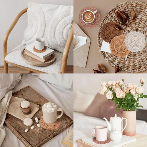 Vista 7 de Whaline Juego de 4 posavasos de macramé bohemios, hechos a mano, tejido a mano, tapete bohemio con borla para el hogar, cocina, oficina, fiesta Tema
