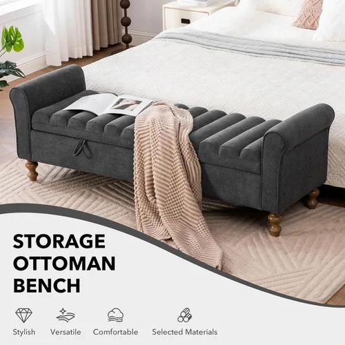 Vista 3 de Banco otomano de almacenamiento de 65 pulgadas, banco de cama con Carbón