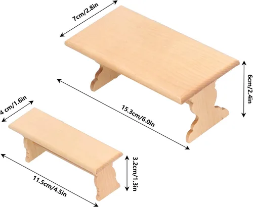 Vista 6 de Juego de mesa y banco de madera para casa de muñecas a escala 1:12, muebles de casa de muñecas en miniatura, mesa de comedor larga para sala