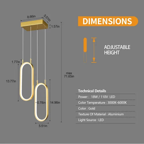 Vista 4 de Lámpara colgante de cocina moderna con 2 anillos, lámpara colgante ovalada para cocina, isla, dormitorio, sala de estar, comedor