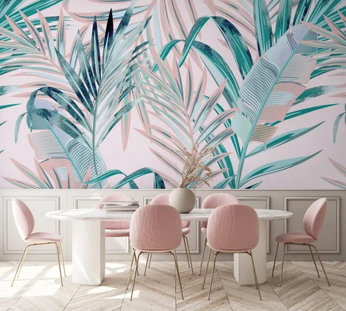 Vista 2 de Murwall Pink Leaf Wallpaper Tropical Leaf Wall Mural Exotic Colorful Summer Leaves Wallpaper