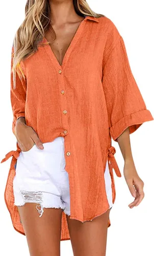 Vista 7 de Camisas de manga larga con botones para mujer, asimétricas, casuales, con cordones, túnica de gran