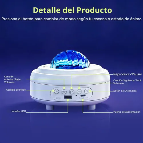 Vista 8 de HUMIIEYE Proyector de Galaxia con Altavoz Bluetooth, Luz Nocturna Proyector de Estrellas para Dormitorio, 8 Modos Proyector Aurora de Luces