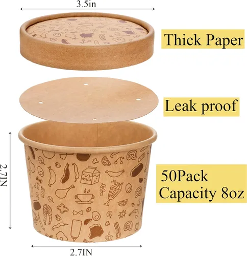 Vista 2 de Cedilis Paquete de 50 recipientes de papel con tapas, recipiente de sopa de papel para llevar, vaso desechable de estraza para sopa fría o caliente